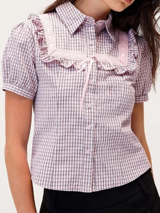 twik Tops - Lace ribbon puff-sleeve shirt